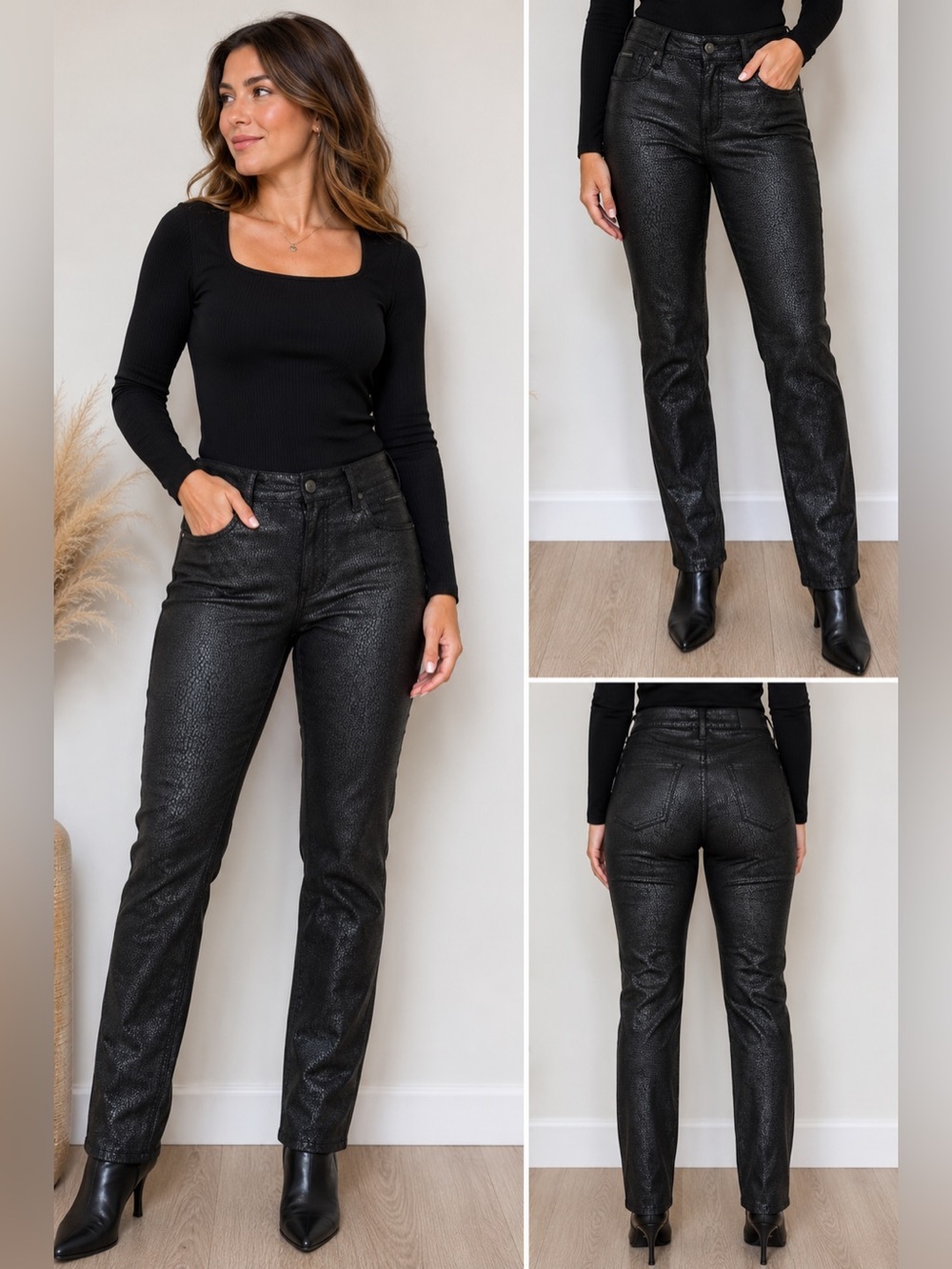 Simon Chang Black Textured Pull-On Slim Straight Pants Women’s Size 4 Faux Leath